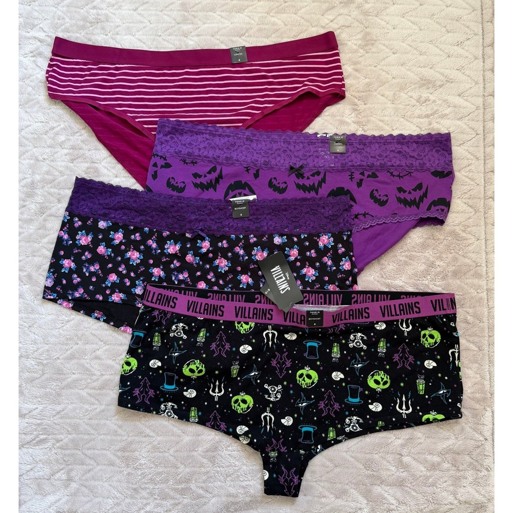 Torrid Panty Lot 4 Pack Disney Villains Halloween Floral Striped Size 4 New